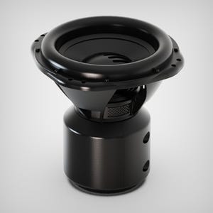 May include: A black subwoofer speaker with a glossy finish. The speaker has a circular design with a large cone and a cylindrical base. The speaker has a modern, industrial aesthetic and is designed for high-quality audio.
