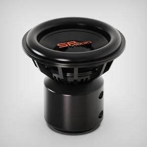 May include: A black subwoofer with the orange text "SP Audio" on the speaker. The subwoofer has a cylindrical base with two circular openings. The speaker is a round shape.