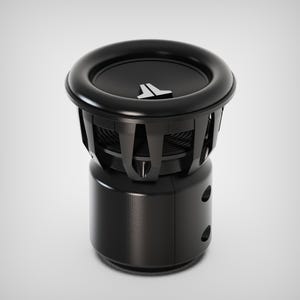 May include: A black subwoofer with a circular top and a cylindrical base. The top features a silver logo, and the sides have a cage-like design. The subwoofer is designed for high-quality audio and is suitable for car audio or home theater systems.