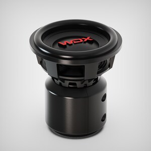 May include: A black subwoofer with the red letters "WCX" on the speaker. The subwoofer has a cylindrical base with two small holes and a large, round speaker on top. The speaker is designed for high-quality audio.