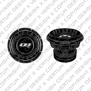 May include: A black and white illustration of two car subwoofers. The subwoofer on the left has the text "Apocalypse" and the text "DB" in a circle. The subwoofer on the right has the text "Apocalypse" in a rectangle.