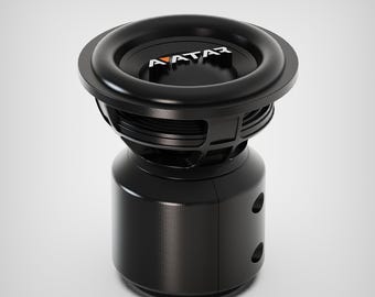 May include: A black subwoofer with the word "AVATAR" in white and orange lettering on the top. The subwoofer has a cylindrical base with two circular openings and a large, circular speaker component.