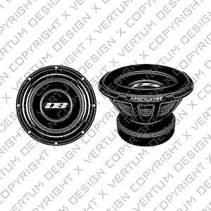 May include: Two black car subwoofers. One subwoofer has the text "Apocalypse" on it. The other subwoofer has the text "DB" on it.