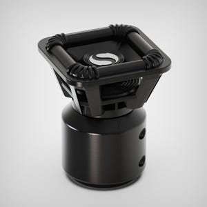 May include: A black subwoofer speaker with a square top and a cylindrical base. The top has a raised square frame with rounded corners and a central logo. The base has two circular openings. The speaker is designed for audio systems.