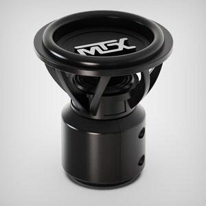 Può includere: Un subwoofer nero con le lettere "MSX" in argento sulla parte superiore. Il subwoofer ha un design circolare con una base cilindrica e supporti curvi. Due piccoli fori sono visibili sul lato della base.
