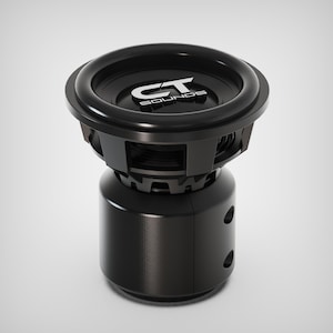 Pode incluir: Um subwoofer preto com o texto "CT SOUNDS" em prata. O subwoofer tem um topo redondo e uma base cilíndrica. O design inclui múltiplas aberturas e uma estética elegante e moderna.