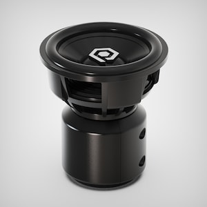 以下が含まれることがあります： 円形のスピーカーと円筒形のベースを備えた黒いサブウーファー。スピーカーには目立つリムと中央のエンブレムがあります。ベースには2つの円形の切り欠きがあります。全体的なデザインは洗練されていてモダンです。