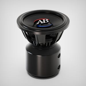 Puede incluir: Un subwoofer negro con un altavoz circular y una base cilíndrica. El altavoz tiene un logotipo rojo, blanco y azul que dice "AB". El subwoofer está diseñado para audio de alta calidad.