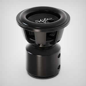May include: A black subwoofer with the brand name "SKAR" in white lettering. The subwoofer has a circular design with a flared top and a cylindrical base. Two small circular holes are visible on the base.