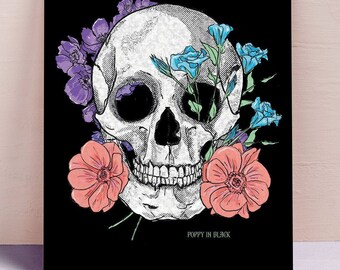 Skull and Flowers - Resurgence - A5 Postcard Art Print