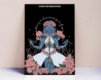 May include: A blue figure with a crown of pink roses sits surrounded by pink roses on a black background. The text "If it rains so that flowers can grow" is at the top of the image.