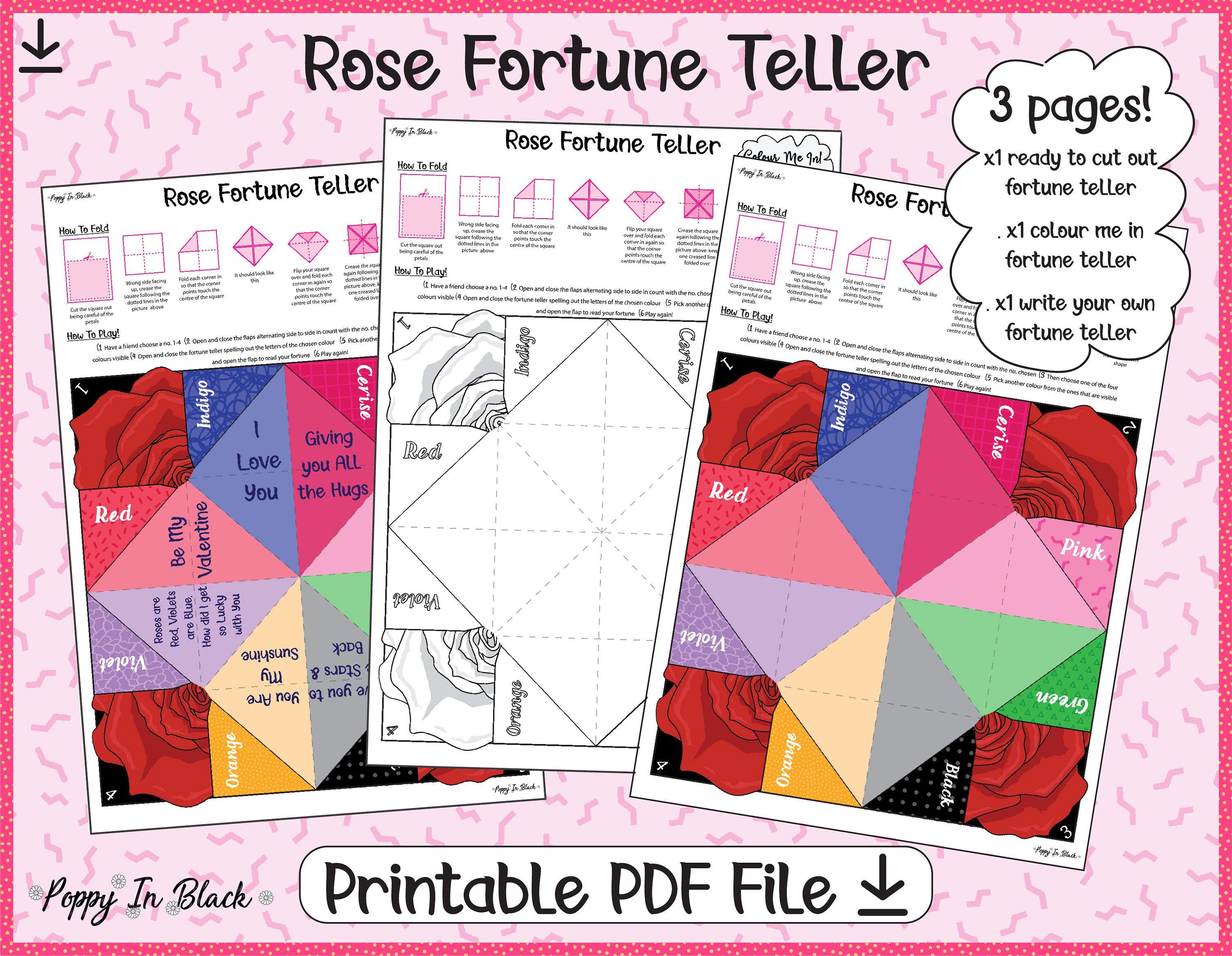 Rose Fortune Teller / Cootie Catcher Valentines Day printable Etsy