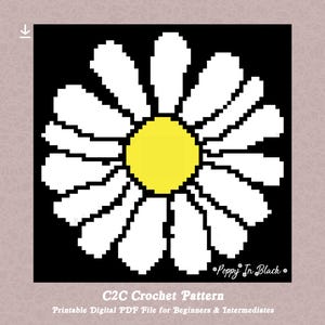 May include: A digital C2C crochet pattern featuring a pixelated daisy design with white petals and a yellow center on a black background. The text "Poppy In Black" and "C2C Crochet Pattern" are included. The pattern is a printable PDF file for beginners and intermediates.