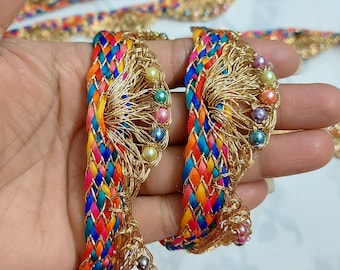 Multicolor boho braided beads trim by the yard, Boho Rainbow bead trim,home furnishing, for decoration, curtain, costume, crafting