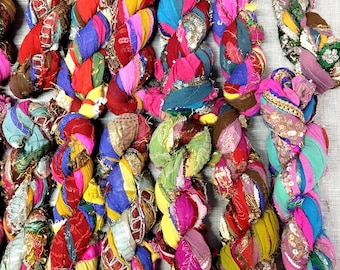 Embroidered mix silk ribbon by weight, Multicolor Assorted Sari silk Recycled ribbon Weaving knitting, fiber arts, Fuzzy edge, Ribbon yarn