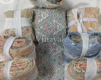 Cinta de seda sari bordada, colores pastel suaves, arte textil, 7,6-10,2 cm de ancho.