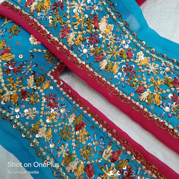 2.50" Indian Vintage multi-color floral Bright Blue Beaded  hand Embroidery sari trim galon Decorative Sewing crafting Pasamaneria