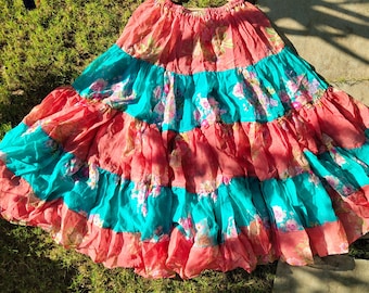 Pink Blue Free Size up cycled silk sari Bohemian Skirt, Flared Vintage Long Skirts, Tiered Maxi Skirt, Multi-color Summer beach Indian skirt