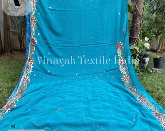 Lantejoulas azuis aqua Bordado Sari indiano antigo/pré-amado, Sari bordado usado, Para decoração de dossel de festival de casamento, costura e artesanato