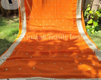 Sari indiano antigo/reciclado, bordado com lantejoulas em tom laranja ferrugem, ideal para decoração de casamento, decoração de casa, costura, artesanato e tops tipo quimono.