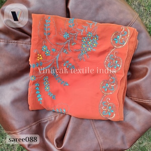 Deep Peach Embroidered Old/Pre-loved  sequins sari,Used embroidered sari, For wedding Decoration, home decor, sewing and crafting,