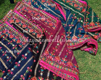 34" width Designer Multicolor sequins embroided Indian georgette dupatta stoles for women, women's top accesories, beach wrap around stole