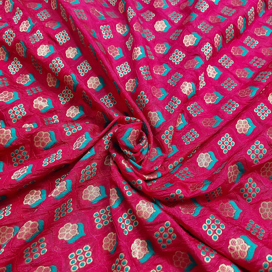 Candy Arrow African Brocade Fabric – Pink, Green & Navy Geometric Metallic Jacquard main image 1