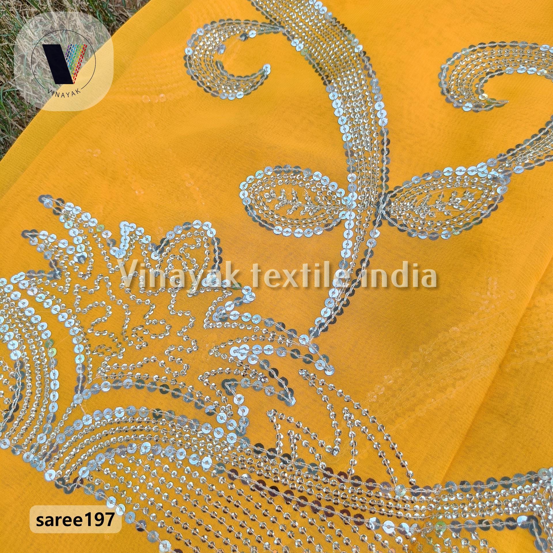 Indian hand Embroidered Mustard Yellow silver sequins Old Recycled vintage sari, up cycled clothing gown, canopy home decor sewing crafting