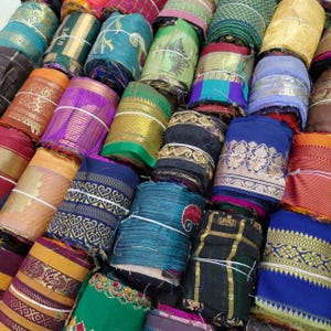3&quot; jacquard saree silk ribbon roll, recycled saree strip by weight, junk journalling, mix media project, jewelry making, DIY textile project