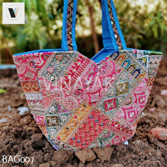 Rotal Blue Indian Embroider Patchwork multicolore Tote bag Boho Hand bag Tribal festival bag wedding gift bag up cycled fashion bag Etsy France