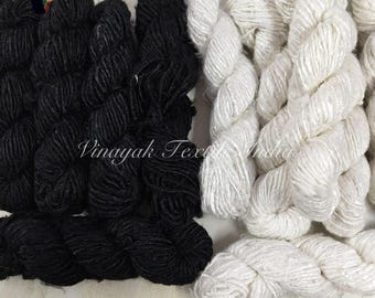 Hilo de seda de plátano reciclado de 100 g, blanco-negro, para crochet, tejido, manualidades, proyectos de fibra textil y proyectos de técnicas mixtas.