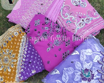 pink gray purple sequins beaded hand Embroidered Old Indian sari, Used embroidered sari silk, wedding Decoration, canopy sewing crafting