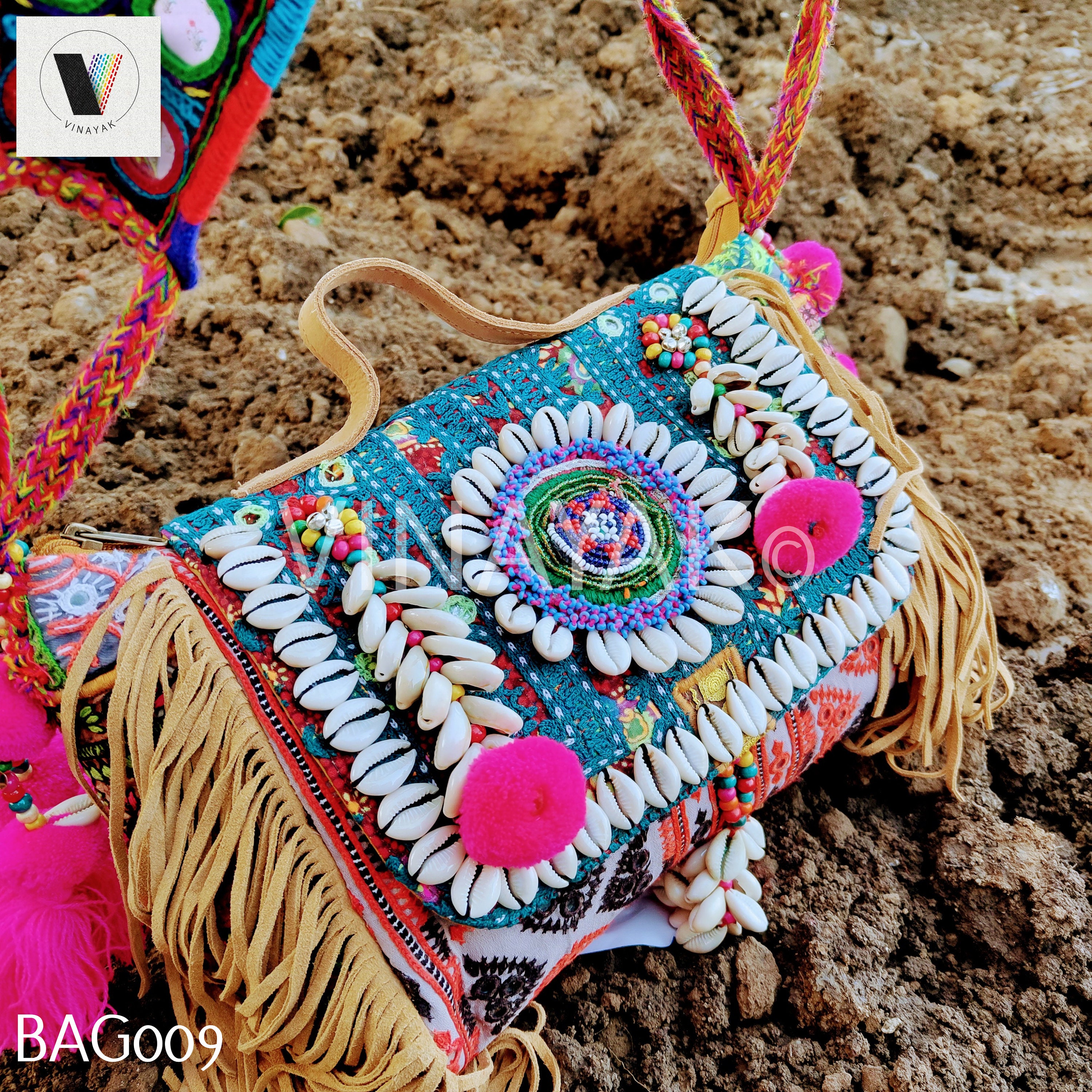 Large INDIAN BANJARA Bag, Ethnic Leather Hippie Bag, Fringe Leather Tote  Beaded