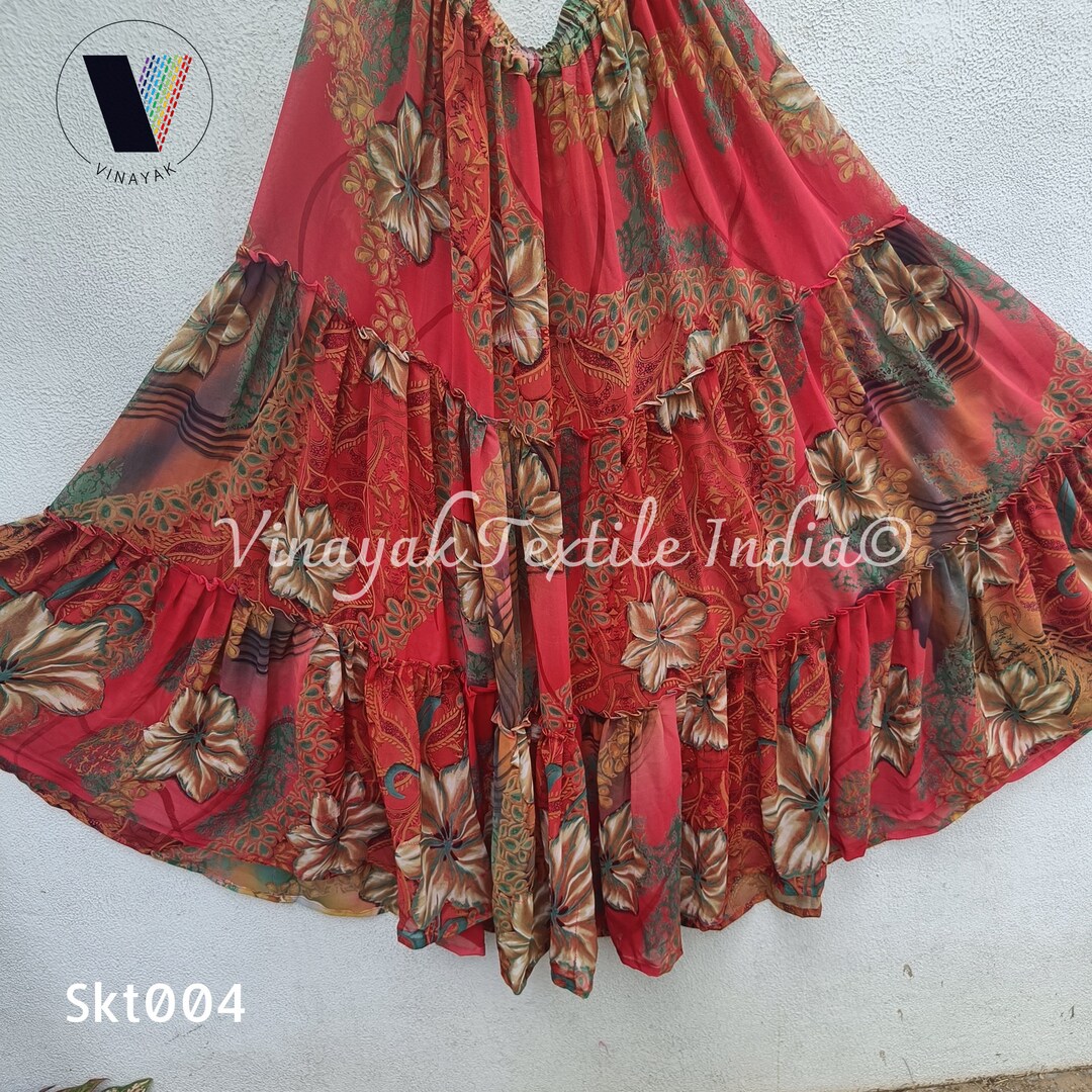 Plus Up-Cycled Sari Elastic Band Tiered Skirt #171