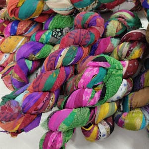 Printed Chiffon ribbon 100g Multi-color Assorted Sari silk lot Recycled ribbon Weaving knitting, fiber arts, Jewelry Fuzzy edge, Mixed media