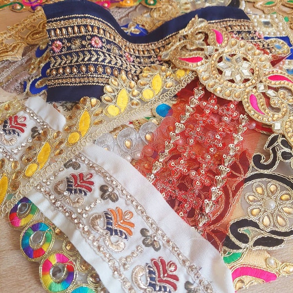 8" assorted 25/50 pc rhinestone beaded Embroidery Trim Remnants bundle grab bag, Boho Decorative sewing trim, Junk Journal, scrap booking