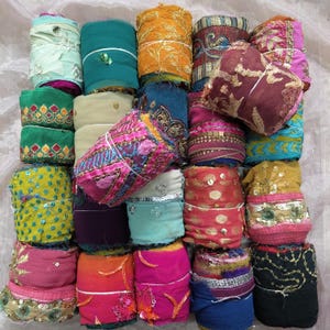 3" Embroidered Assorted silk ribbon 100g Multicolor Sari silk Recycled ribbon Weaving knitting, fiber arts, Fuzzy edge, decorative ribbon