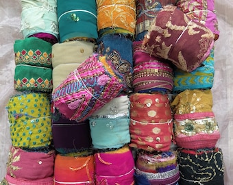 3" Embroidered Assorted silk ribbon 100g Multicolor Sari silk Recycled ribbon Weaving knitting, fiber arts, Fuzzy edge, decorative ribbon