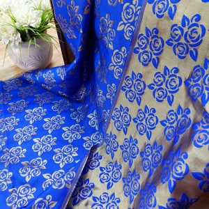 Royal Blue gold Brocade by the yard, Indian jacquard fabric indian clothing lahenga fabric sewing crafting cushion cover boho bag fabric