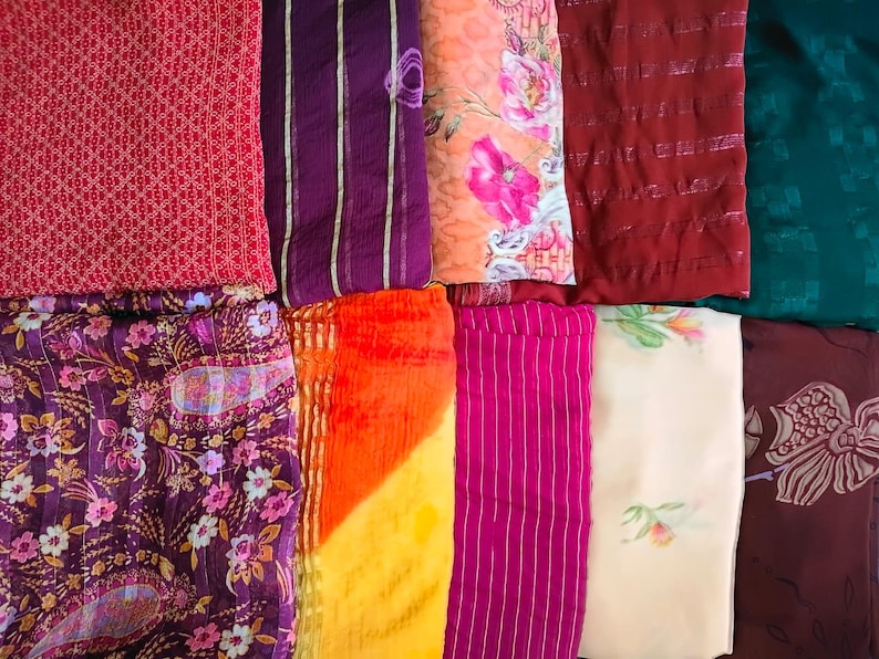 Assorted printed recycled sari by weight, sari fabric up-cycled clothing, home decor, rugs making, sewing crafting, canopy, used old sari image 2
