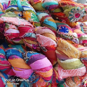 Embroidered mix silk ribbon by weight, Multicolor Assorted Sari silk Recycled ribbon Weaving knitting, fiber arts, Fuzzy edge, Ribbon yarn
