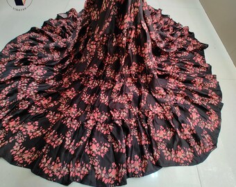 Up Cycled Black Pink Skirt, Sari Silk, Bohemian, flared, Free Size, Long maxi skirt, Super soft, Crepe, Gift,