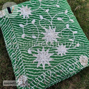 Green Silver Star leheriya Embroidered Old/Pre-loved Indian sari, Used embroidered sari, wedding festival canopy Decoration, sewing crafting