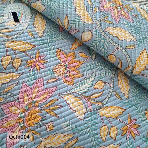 aqua blue big floral hand block print Quilted cotton fabric, quilted jacket coat, Fabric For cosmetic pouch bag making, Baby Blanket, pillow