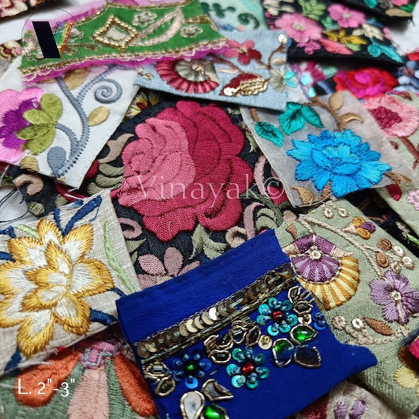 2"-3" bundle of 50 pcs lot rhinestone beaded remnant Indian Decorative Embroidery trims grab bag crafting sewing Junk Journal scrap-booking
