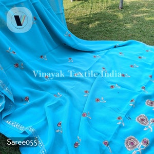 Azul cielo bordado viejo pre-amado lentejuelas indias sari, sari bordado usado, decoración de la boda del dosel, decoración del hogar, tela de artesanía de costura