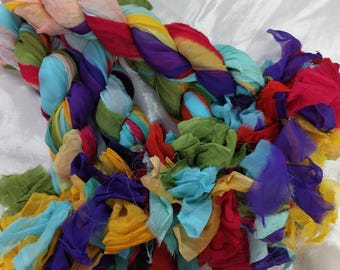 Rainbow color sari silk ribbons 120g, assorted vibrant strips, Art craft yarn, Weaving, knitting, fiber arts,Jewelry making,mix media, decor