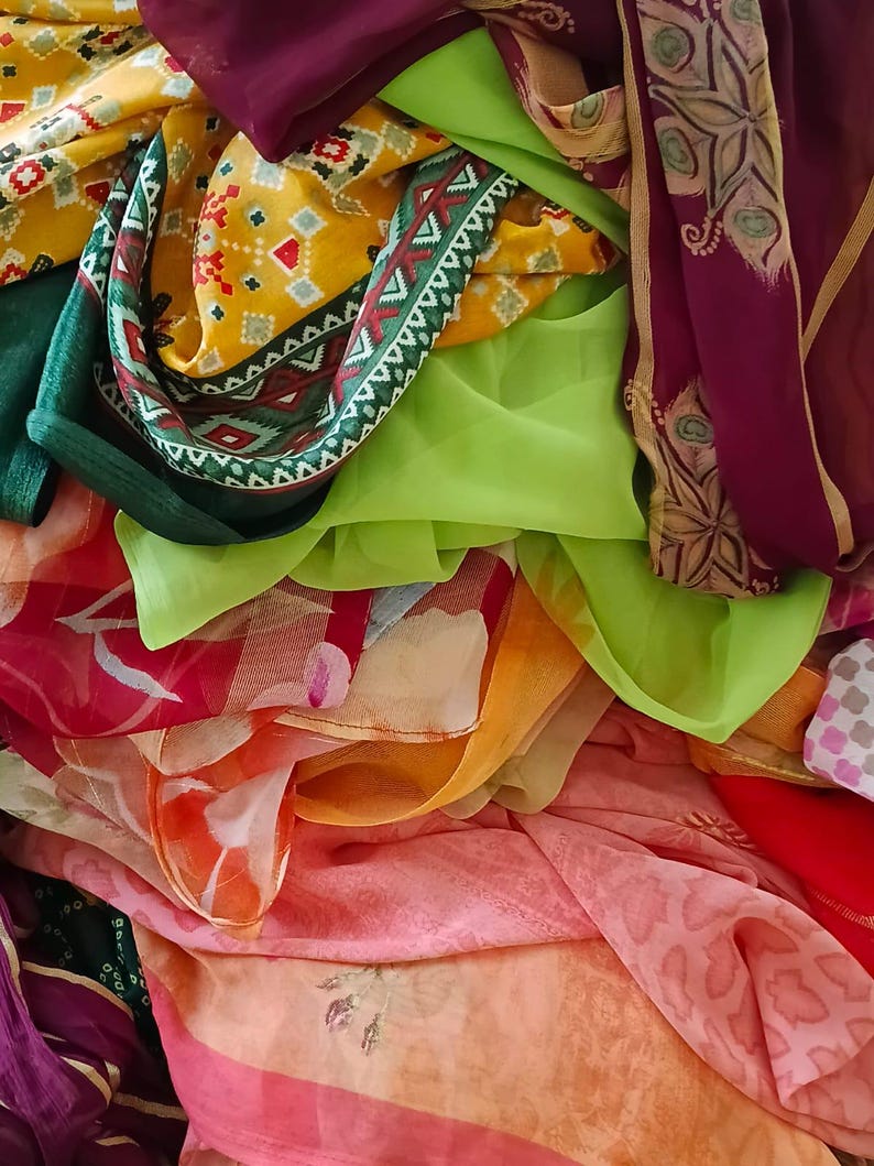 Assorted printed recycled sari by weight, sari fabric up-cycled clothing, home decor, rugs making, sewing crafting, canopy, used old sari image 9