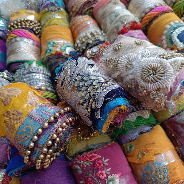 Ruban mousseline brodé 3" 100 g Ruban recyclé soie sari multicolore assortie Tissage tricot, arts textiles, bord flou, ruban décoratif