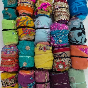 3" Embroidered Assorted silk ribbon 100g Multicolor Sari silk Recycled ribbon Weaving knitting, fiber arts, Fuzzy edge, decorative ribbon